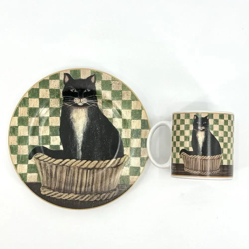 VTG 2004 Country Kitties Set/2 Coffee Mug Dessert Plate Black Cat DC Brown Co.